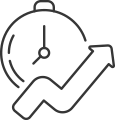 Icon depicting a watch combined with an upward arrow shaped like a graph, symbolizing quick and efficient execution in trading.