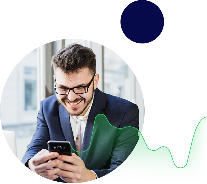 Nerd Guy Smiling After Making $25,000 Profit on Mobile Trading Young man with glasses smiling confidently while looking at his mobile phone, celebrating a $25,000 profit from trading.