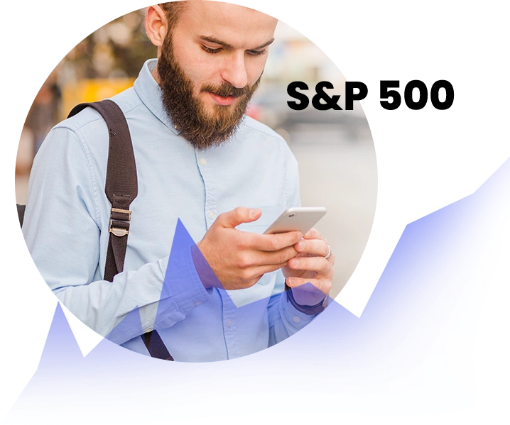 Young bearded man, student, focused on trading the S&amp;P 500 index using a mobile device, representing learning and active trading.