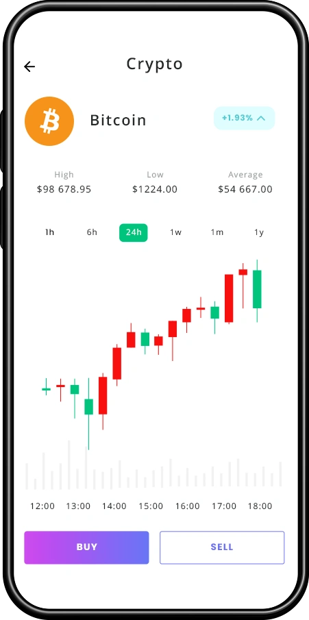 Smartphone screen displaying a trading platform focused on Bitcoin, illustrating mobile cryptocurrency trading.