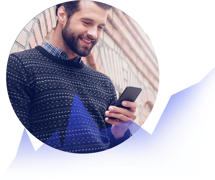 Man analyzing financial charts and trading on his smartphone on the go.